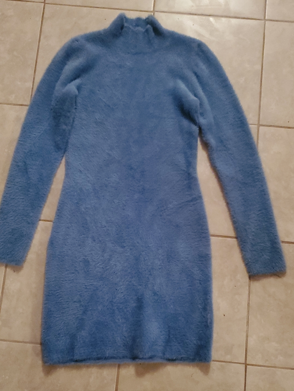 Sunday Best Dusty Blue Fuzzy Mock Neck Sweater Dress